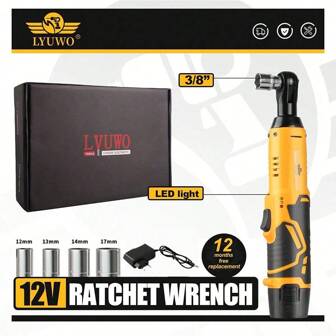 LYUWO LYUWO Power Tool 3/8-Inch Snoerloze Gele Ratel Elektrische Sleutel 45Nm 90 Graden Haakse 12V Oplaadbare Ratelsleutel, Met Een Slanke Body Voor Eenvoudige Multi-Hoekige Toegang In Smalle Ruimtes, Niet Langer Beperkt Door Draden