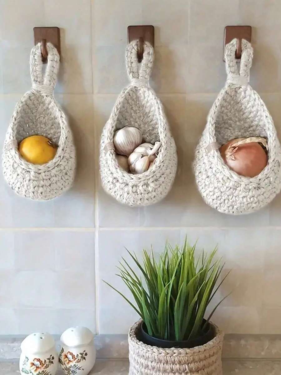 1 件壁挂篮，波西米亚风格编织篮，创意泪珠形状，适合蔬菜和水果，厨房储物篮，家居装饰，房间装饰，墙壁装饰礼物生日毕业厨房装饰 - 白色 - 查看 1