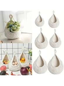 1 件壁挂篮，波西米亚风格编织篮，创意泪珠形状，适合蔬菜和水果，厨房储物篮，家居装饰，房间装饰，墙壁装饰礼物生日毕业厨房装饰 - 白色 - 查看 3