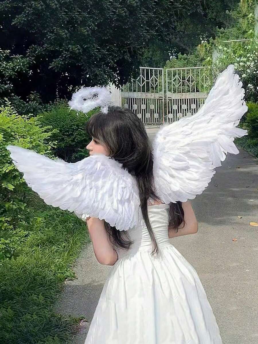 3 件套天然羽毛材料白色天使翅膀套装，非常适合节日天使服装、拍照、舞台表演和万圣节角色扮演道具 - 彩色 - 查看 1
