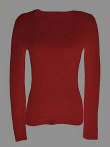 Áo thun dài tay cổ chữ V ôm vừa vặn màu trơn cho nữ, thường ngày cho mùa xuân và mùa thu - Đỏ - Xem 2