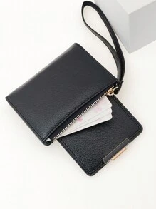 女士迷你钱包多功能卡包纯黑色拉链零钱包休闲软 PU 小钱包新款时尚学生 PU 皮革小钱包 - 黑色 - 查看 3