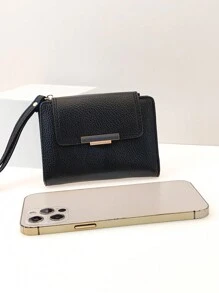 女士迷你钱包多功能卡包纯黑色拉链零钱包休闲软 PU 小钱包新款时尚学生 PU 皮革小钱包 - 黑色 - 查看 1