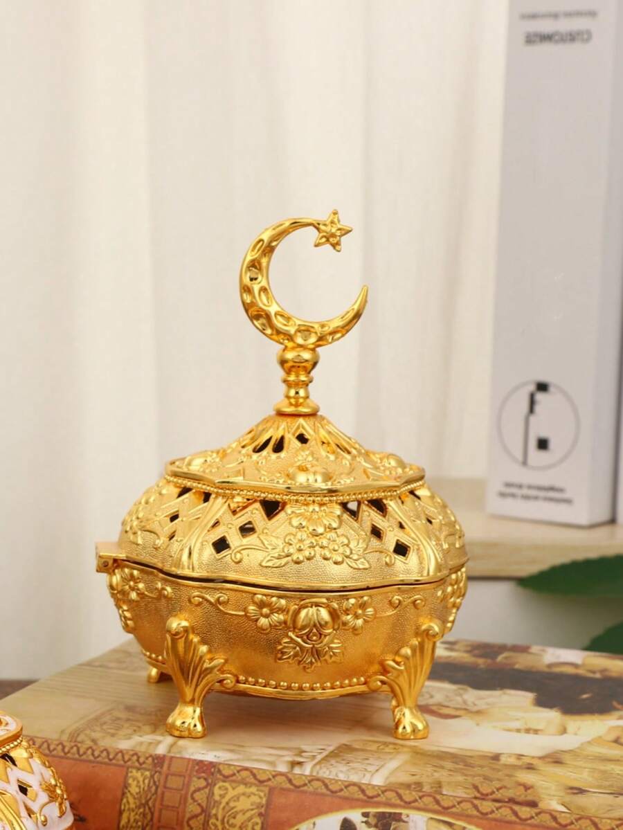 1 peça Queimador de incenso de liga com design floral exclusivo, decorações Rama Kareem cor dourada, alça de estrela perfurada para casa, hotel, restaurante, noite de encontro, presente romântico - Ouro - Ver 1