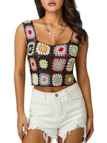 Womens Crochet Tank Top Knit Colorful Floral Embroidery Summer Boho Camisole Hollow Out Top - 黑色 - 查看 5