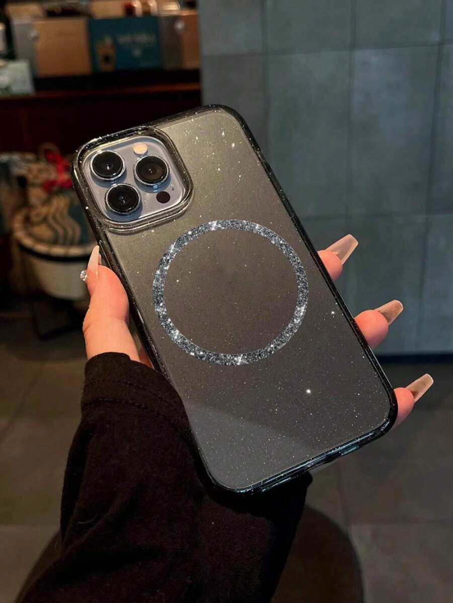 1 件爱心闪光水钻装饰磁力吸附软壳手机壳适用于 iPhone16Promax/16/16Pro/16Promax/15Promax/15Pro/15/15plus/14/13/11/XR/7/8 (黑色) 磁片 + 手机壳 - 黑色 - 查看 1