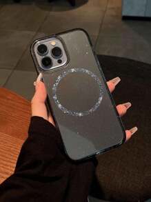 1 件爱心闪光水钻装饰磁力吸附软壳手机壳适用于 iPhone16Promax/16/16Pro/16Promax/15Promax/15Pro/15/15plus/14/13/11/XR/7/8 (黑色) 磁片 + 手机壳 - 黑色 - 查看 4