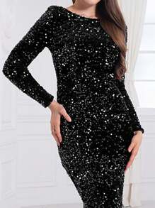 Romagic Damen schwarzes Samtkleid mit Pailletten, Boot-Ausschnitt, Langarm, Maxikleid für festliche Abendveranstaltungen, elegantes Hochzeitsgast Kleid - Schwarz - Übersicht 9