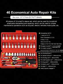 46 件套筒扳手套装，含 1/4 英寸驱动棘轮、公制套筒、延长杆、万向节、批头适配器、六角扳手、旋转手柄，适用于汽车维修和家用 - 耐用铁质结构 - 紅色 - 查看 9