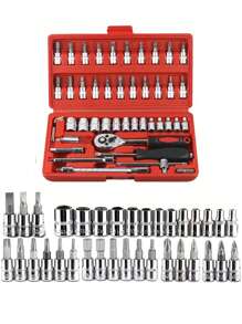 46 件套筒扳手套装，含 1/4 英寸驱动棘轮、公制套筒、延长杆、万向节、批头适配器、六角扳手、旋转手柄，适用于汽车维修和家用 - 耐用铁质结构 - 紅色 - 查看 3