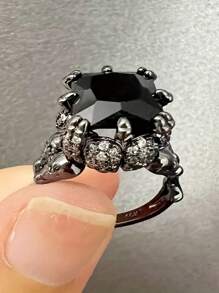 CVNANA 1 件朋克骷髅复古哥特式风格黑色锆石戒指 - 男女独特配饰 - 万圣节珠宝，黑色简约戒指，哥特式时尚，个性单品 - 彩色 - 查看 1