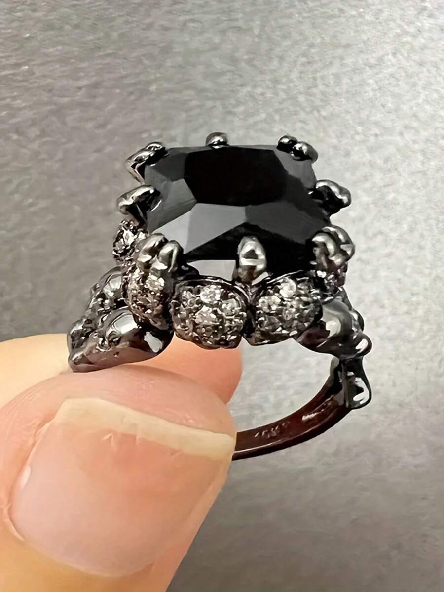 CVNANA 1 件朋克骷髅复古哥特式风格黑色锆石戒指 - 男女独特配饰 - 万圣节珠宝，黑色简约戒指，哥特式时尚，个性单品 - 彩色 - 查看 1