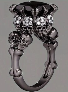 CVNANA 1 件朋克骷髅复古哥特式风格黑色锆石戒指 - 男女独特配饰 - 万圣节珠宝，黑色简约戒指，哥特式时尚，个性单品 - 彩色 - 查看 10