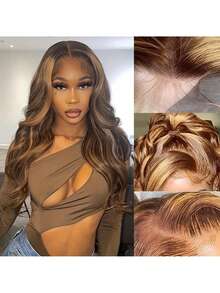 34 英寸挑染假发人发波浪卷发 13x4 蕾丝前假发渐变色 4/27 彩色人发假发 女士雷米蕾丝前假发 150% 密度无胶人发假发 8-34 英寸 - 間色和鋼琴色 - 查看 7