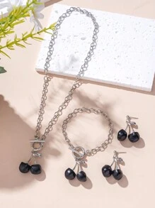 4pcs/Set Acrylic Cherry Pattern Jewelry Set - Vintage OT Clasp Necklace & Earrings, Accessories For Women - Women's Cherry Jewelry Set - View 11