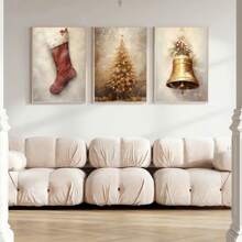 Set Of 3 Unframed Christmas Tree Bell Stocking Rustic Vintage Art Poster Retro Farmhouse Decor Xmas Festival Canvas Painting Print Modern Christmas Holiday Wall Picture For Dorm,Living Room,Bedroom,Apartment,Home Decoration