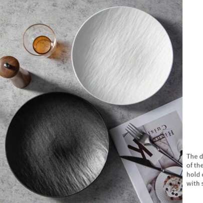 Japanese Style Stone Texture Black & White Ceramic Dinnerware, Wholesale Lightweight Luxury Flat Dish, Steak Plate For Home Use