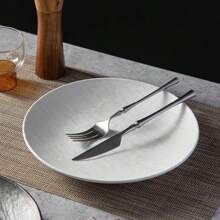 Japanese Style Stone Texture Black & White Ceramic Dinnerware, Wholesale Lightweight Luxury Flat Dish, Steak Plate For Home Use