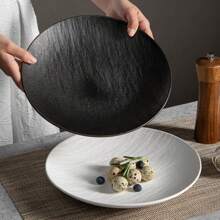 Japanese Style Stone Texture Black & White Ceramic Dinnerware, Wholesale Lightweight Luxury Flat Dish, Steak Plate For Home Use