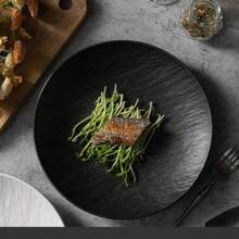 Japanese Style Stone Texture Black & White Ceramic Dinnerware, Wholesale Lightweight Luxury Flat Dish, Steak Plate For Home Use