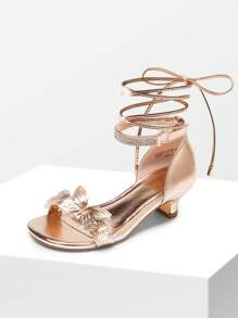 Girls Lace Up Low Heel Sandals For Girls Ankle Strap Dress Pump Strappy Gladiator Wedding Party Shoes Rhinestones Butterfly For Little Kid/Big Kid - 香檳色 - 查看 5