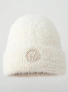 1頂女士冬季針織帽，帶耳暖和刺繡字母圖案，適用於日常穿著和戶外