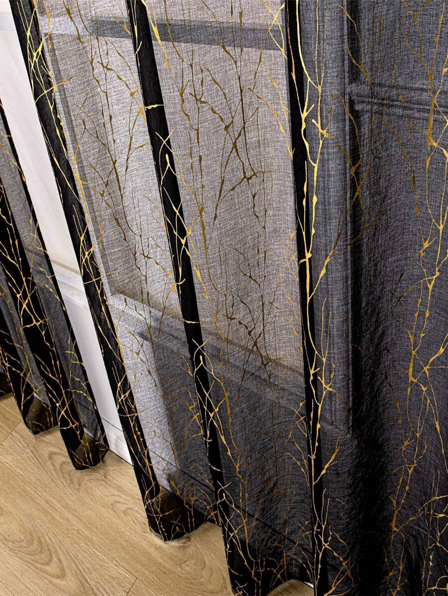 1 pieza Cortina traslúcida con estampado de árbol abstracto y dorado, brillante a la luz del sol, transpirable para decoración del dormitorio, sala de estar y balcón - Negro - Ver 1