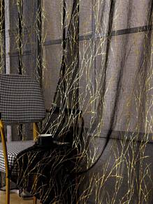 1 pieza Cortina traslúcida con estampado de árbol abstracto y dorado, brillante a la luz del sol, transpirable para decoración del dormitorio, sala de estar y balcón - Negro - Ver 2