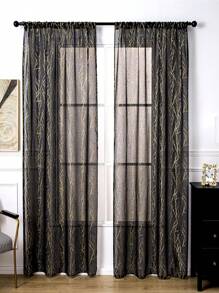 1 pieza Cortina traslúcida con estampado de árbol abstracto y dorado, brillante a la luz del sol, transpirable para decoración del dormitorio, sala de estar y balcón - Negro - Ver 4