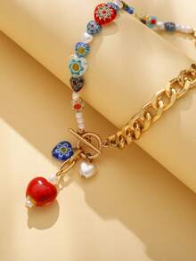 GARMEND 1 件波西米亚风格玻璃心形珠印花珍珠 OT 扣项链，适合女性在宴会、生日派对和周末佩戴 - 多色 - 查看 4