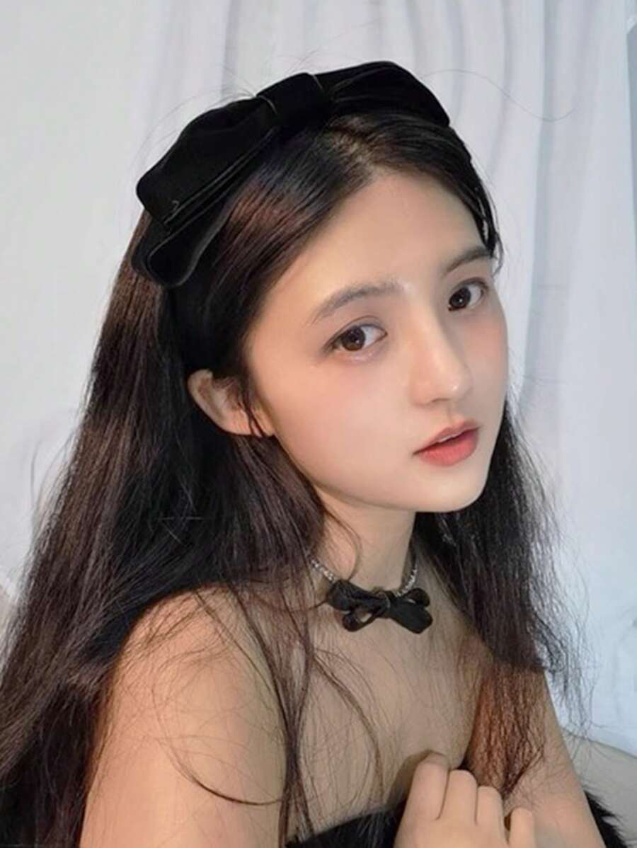 1 件女士双蝴蝶结头带发饰，适合日常工作、节日派对搭配情人节情人、发带、发箍头带 - 黑色 - 查看 1