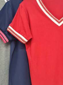 Women's Summer V-Neck T-Shirt - 紅白色 - 查看 2
