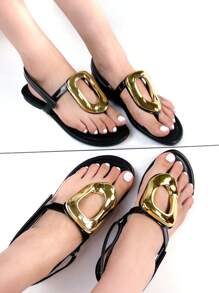Women's Classic Elegant Style Gold Metal Buckle Decorated Black Mirror Fabric Comfortable Hook-And-Loop Sandals With Back Strap And Flat Heel - Black - View 6