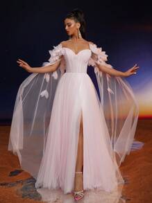 Anymoon Women's Sweet V-Neck Halter Floral Mesh Long Formal Dress - Pink - View 3