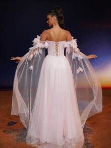 Anymoon Women's Sweet V-Neck Halter Floral Mesh Long Formal Dress - Pink - View 2