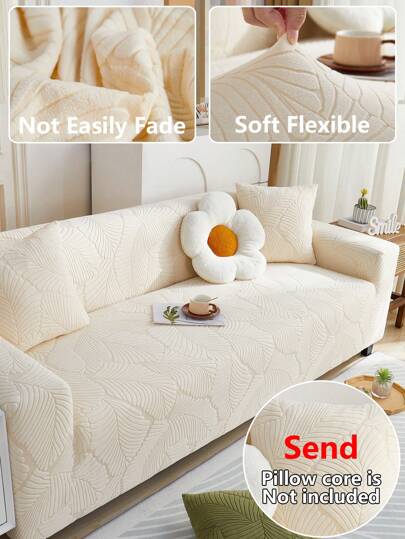 1pc Solid Color Sofa Cover, Stretchable Full Coverage Sofa Slipcover With Leaf Pattern 3D Design, Protective Sofa Decor For Holiday, Comes With 1pc Cushion Cover