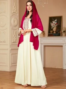 Siskakia 别致方领刺绣包括头巾和腰带女士长裙，朴素摩洛哥沙特 Kebaya 时尚长袍长袖卡夫坦阿拉伯连衣裙 - 米色 - 查看 2