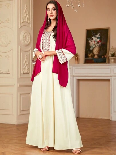  Siskakia 别致方领刺绣包括头巾和腰带女士长裙，朴素摩洛哥沙特 Kebaya 时尚长袍长袖卡夫坦阿拉伯连衣裙