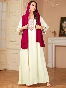 Siskakia 别致方领刺绣包括头巾和腰带女士长裙，朴素摩洛哥沙特 Kebaya 时尚长袍长袖卡夫坦阿拉伯连衣裙 - 米色 - 查看 4