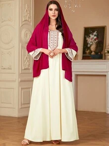 Siskakia 别致方领刺绣包括头巾和腰带女士长裙，朴素摩洛哥沙特 Kebaya 时尚长袍长袖卡夫坦阿拉伯连衣裙 - 米色 - 查看 3