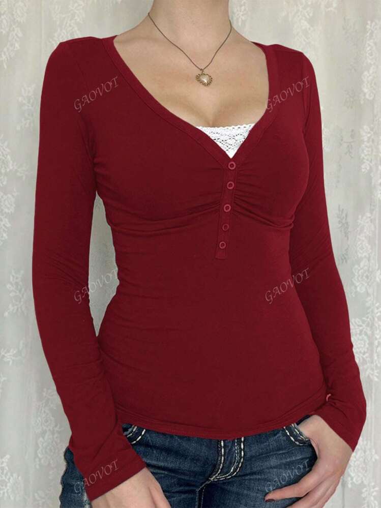 T-shirt femme Y2K, vêtements d'automne, décontracté, quotidien, sexy, couleur unie, dentelle, couleur contrastée, manches longues, col V, slim