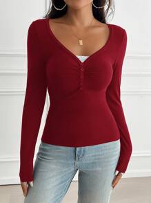 GAOVOT 女士 T 恤 Y2K 春夏休闲日常性感纯色蕾丝撞色修身长袖性感 V 领上衣，适合情人节穿着 - 酒紅色 - 查看 6