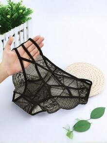 情趣内衣网红奢华性感镂空透视蕾丝女士内裤透气法式时尚女士三角裤透明底裤 - 黑色 - 查看 3