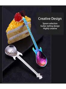 5pcs 304 Stainless Steel Guitar Shaped Spoons, Creative Multi-Colored Unique Coffee Spoon For Stirring Dessert, Music Cafe Back To School - Multicolor - View 6