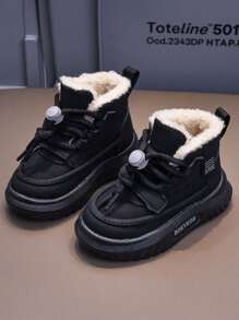 1 Pair Unisex Solid Color Flat Snow Boots, Wear-Resistant Anti-Slip Baby Ankle Boots, Fashion Versatile Thermal Lined Children Outdoor Boots, Suitable For Autumn/Winter - Black - View 2