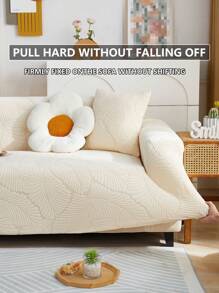 1pc Solid Color Sofa Cover, Stretchable Full Coverage Sofa Slipcover With Leaf Pattern 3D Design, Protective Sofa Decor For Holiday, Comes With 1pc Cushion Cover - Beige - View 3