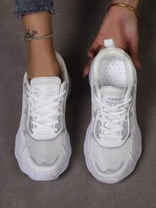 白色简约 PU 皮革休闲运动鞋，轻便低帮系带跑鞋 - 白色 - 查看 4