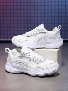 白色简约 PU 皮革休闲运动鞋，轻便低帮系带跑鞋 - 白色 - 查看 6