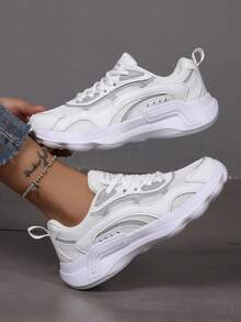 白色简约 PU 皮革休闲运动鞋，轻便低帮系带跑鞋 - 白色 - 查看 3