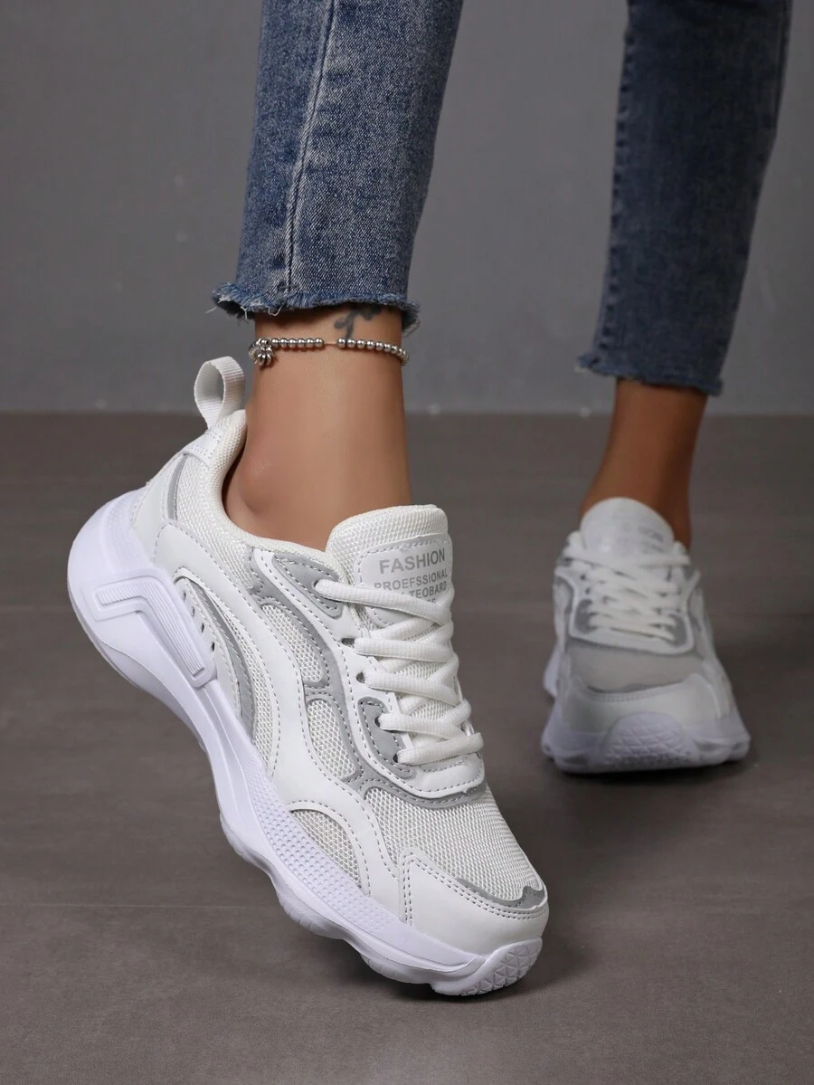 白色简约 PU 皮革休闲运动鞋，轻便低帮系带跑鞋 - 白色 - 查看 1